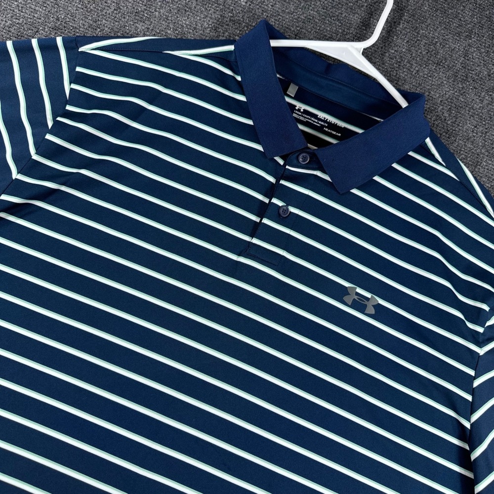 Under Armour Polo Shirt Mens 2XL XXL Navy Blue Striped HeatGear Golf Athletic